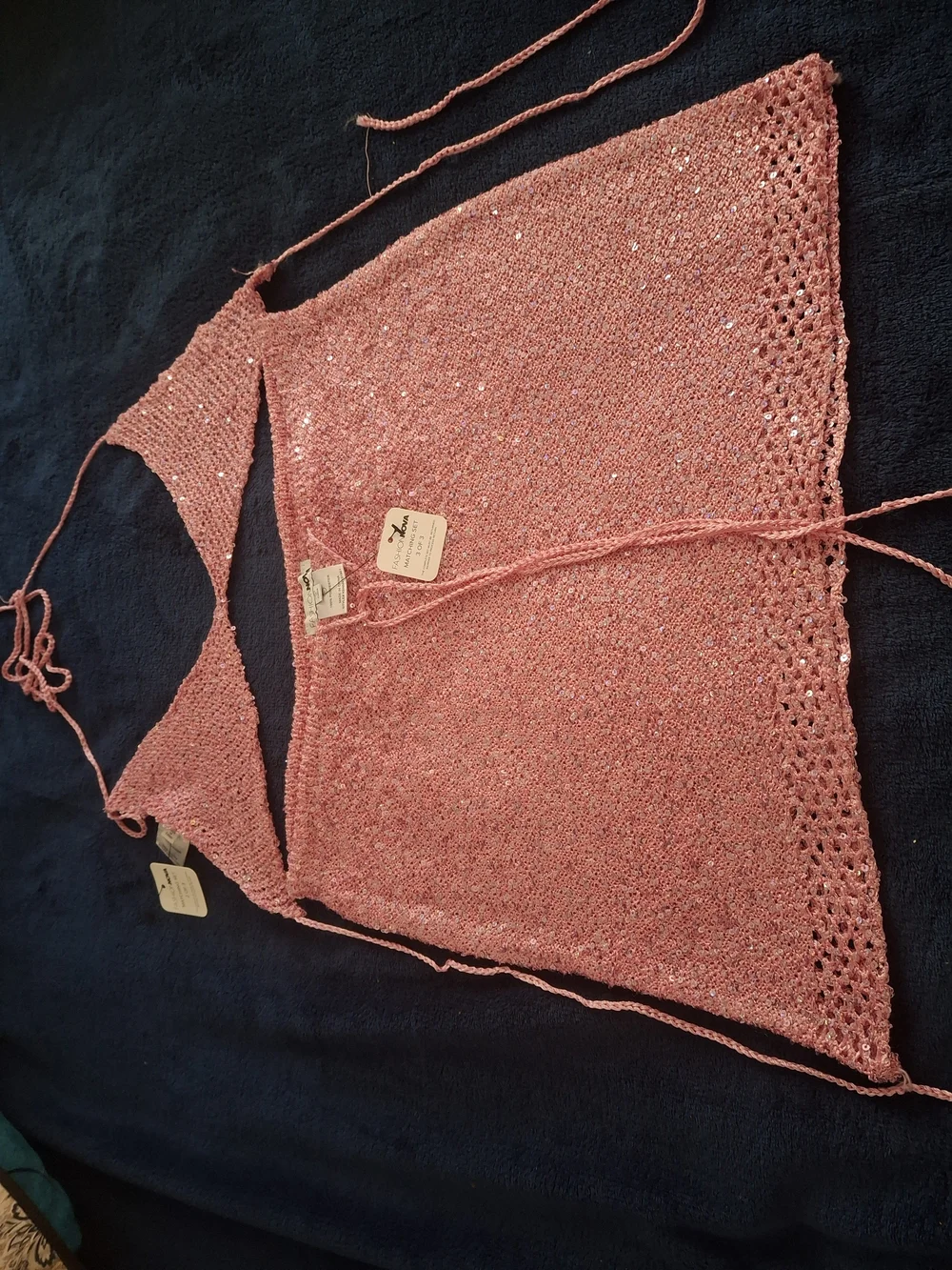 Fashion Nova Pink Crochet Halter Triangle Top & Mini Skirt Set